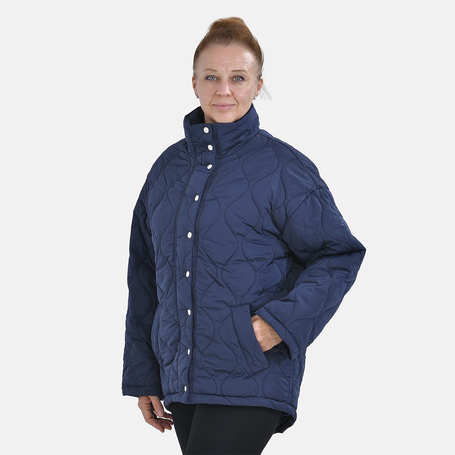 Tamsy Long Sleeve Quilted Warm Coat with Two Exterior Pockets (Size M 12-14) - Navy