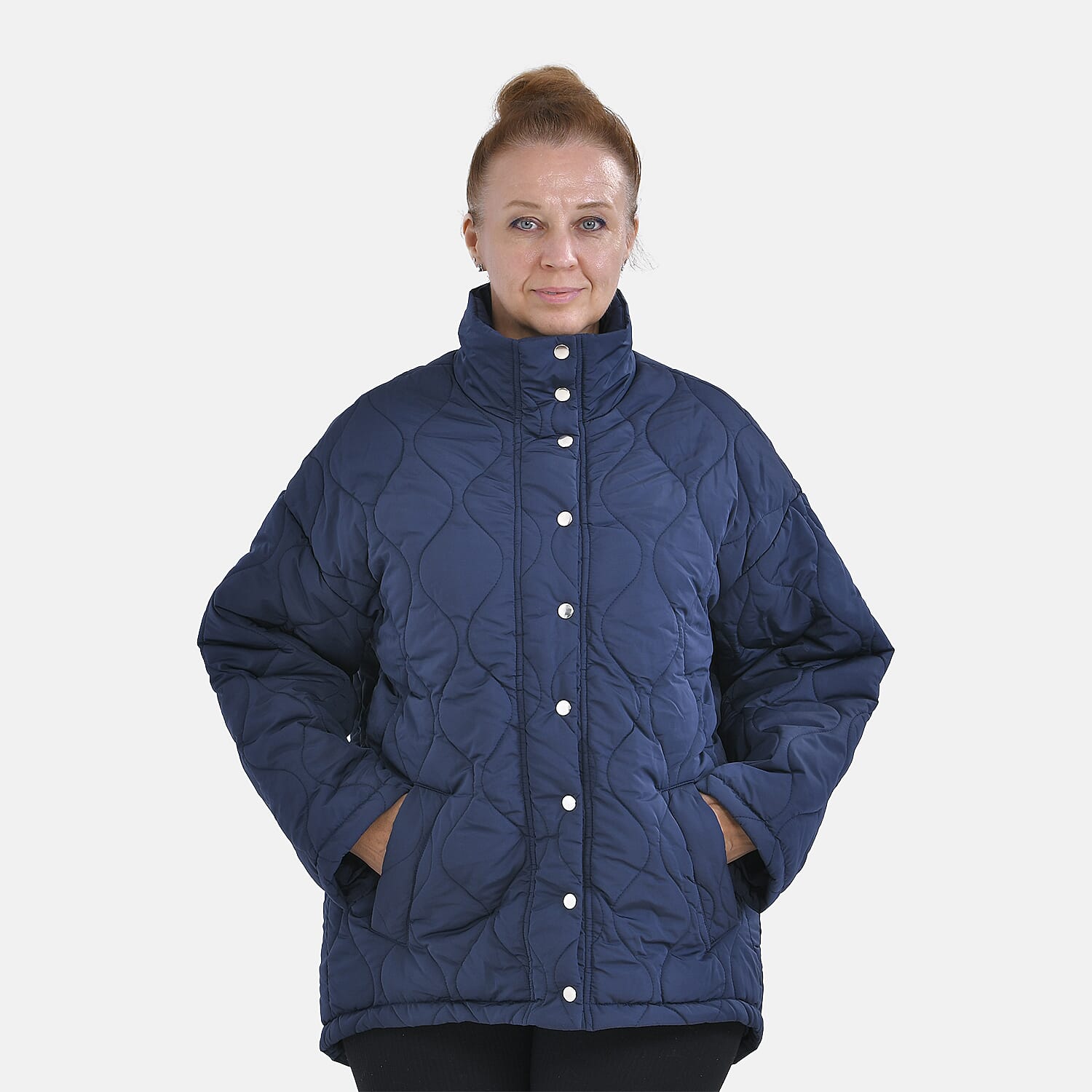 Tamsy Long Sleeve Quilted Warm Coat with Two Exterior Pockets (Size M 12-14) - Navy