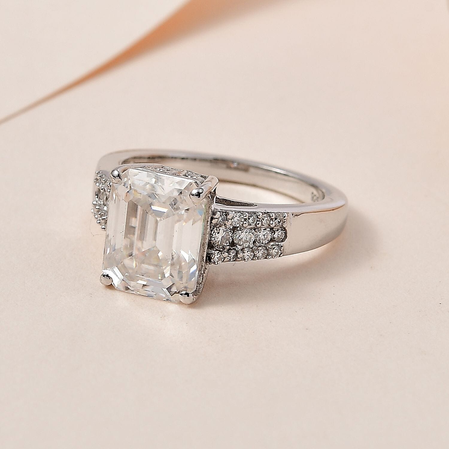 Moissanite Ring in Platinum Overlay Sterling Silver 4.01 Ct.
