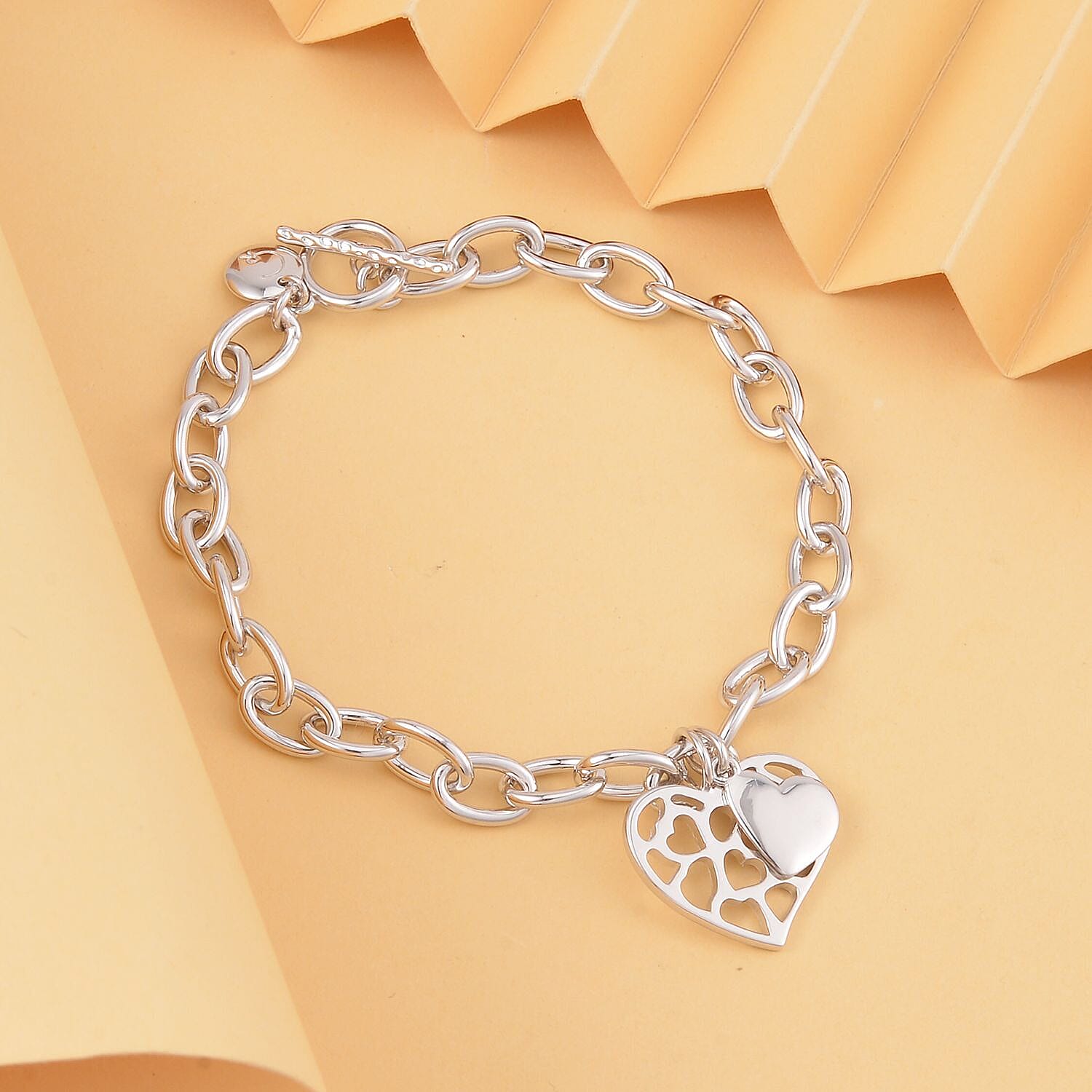 RACHEL GALLEY Love Lattice Collection - Rhodium Overlay Sterling Silver Heart Bracelet (Size - 7.5), Silver Wt. 15 Gms