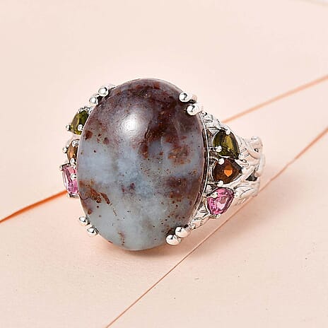Zimbaprase and Multi-Tourmaline Ring in Platinum Overlay Sterling Silver 15.22 Ct, Silver Wt. 6.41 Gms