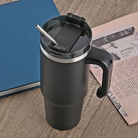 Hot or Cold Insulated Mug with Lid and Stainless Steel Straw - Black
