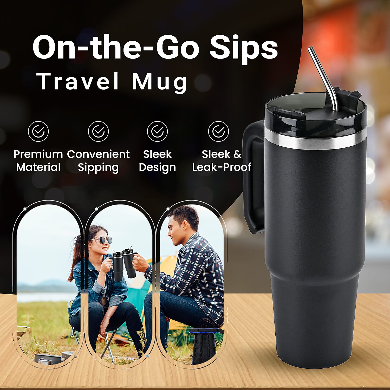 Hot or Cold Insulated Mug with Lid and Stainless Steel Straw - Black