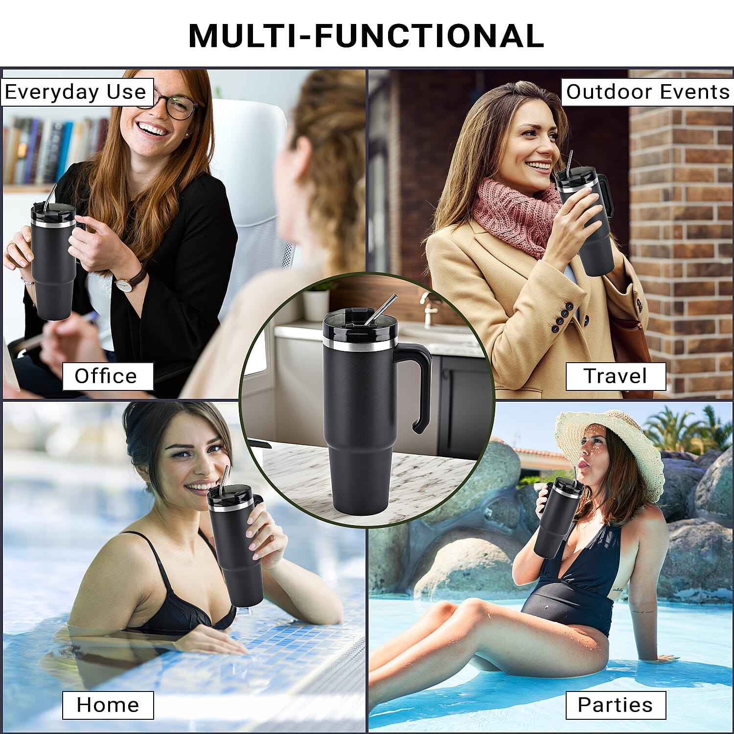 Hot or Cold Insulated Mug with Lid and Stainless Steel Straw - Black