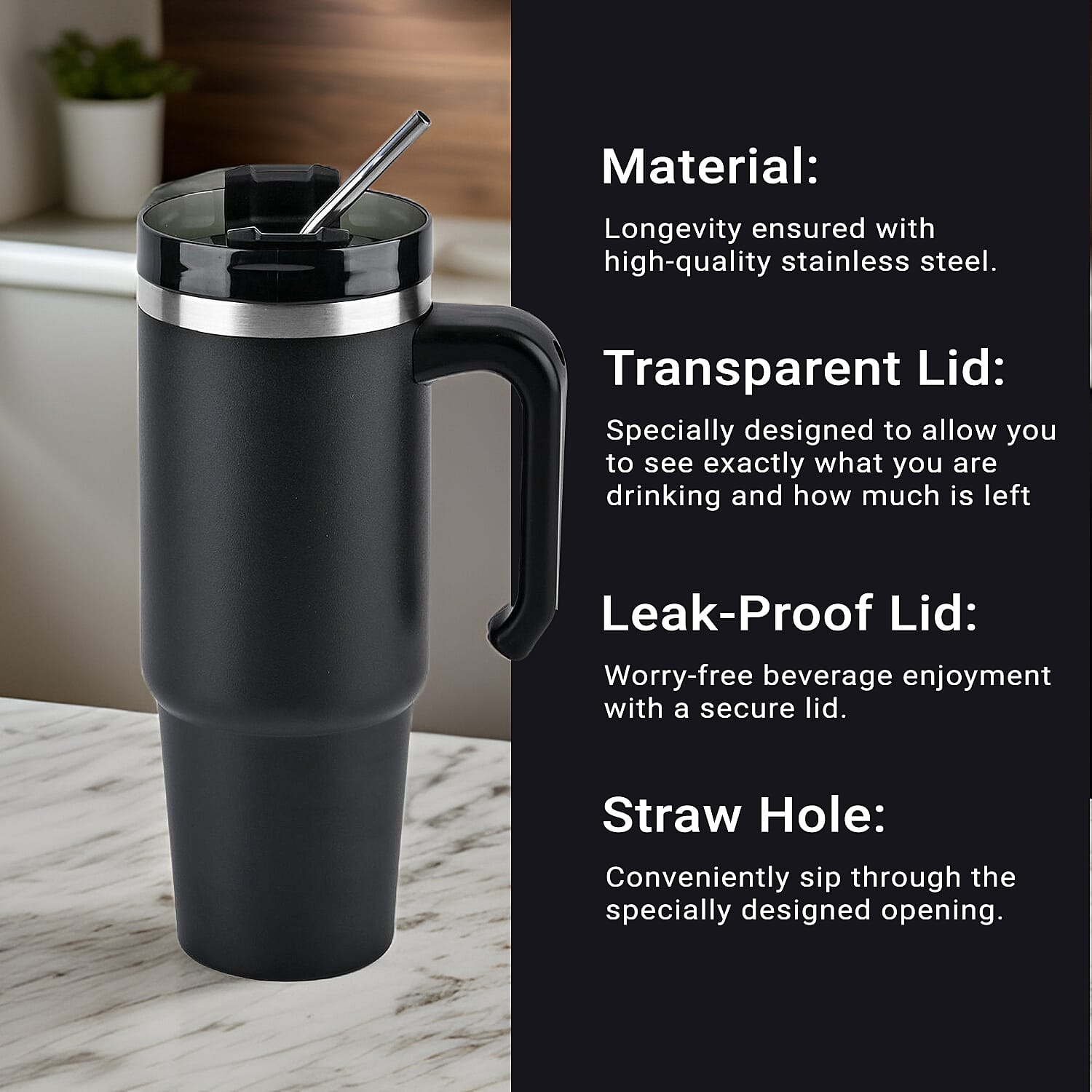 Hot or Cold Insulated Mug with Lid and Stainless Steel Straw - Black