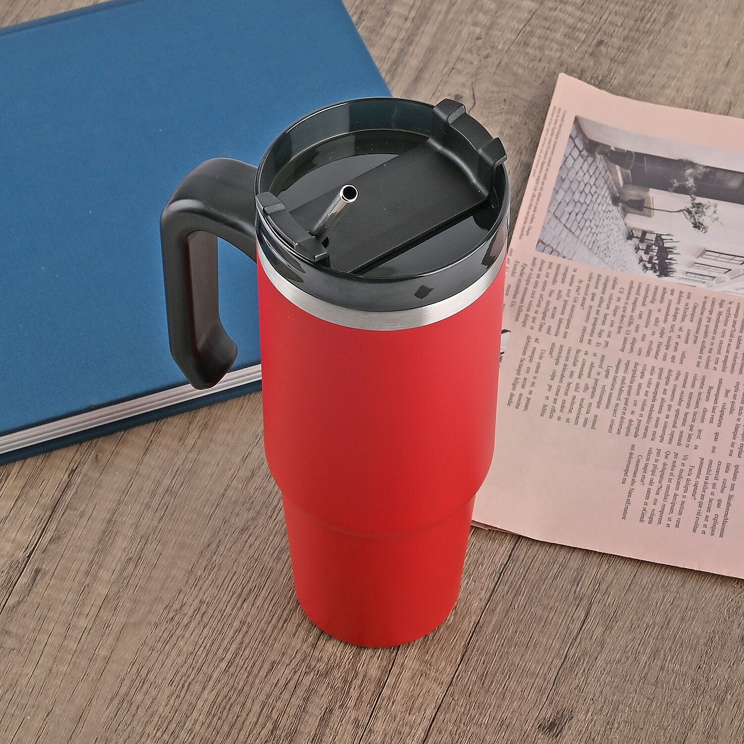 Hot or Cold Insulated Mug with Lid and Stainless Steel Straw - Red