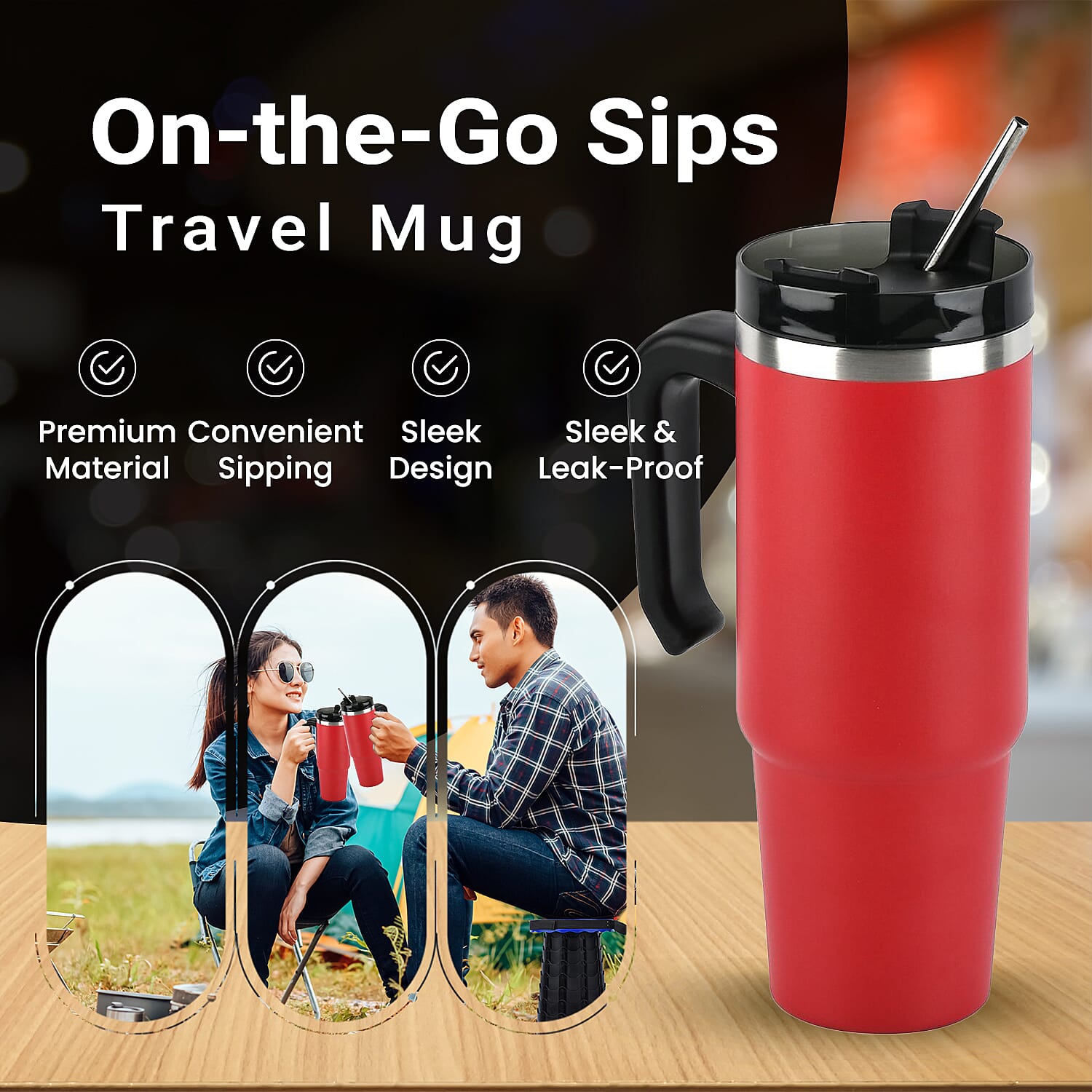 Hot or Cold Insulated Mug with Lid and Stainless Steel Straw - Red