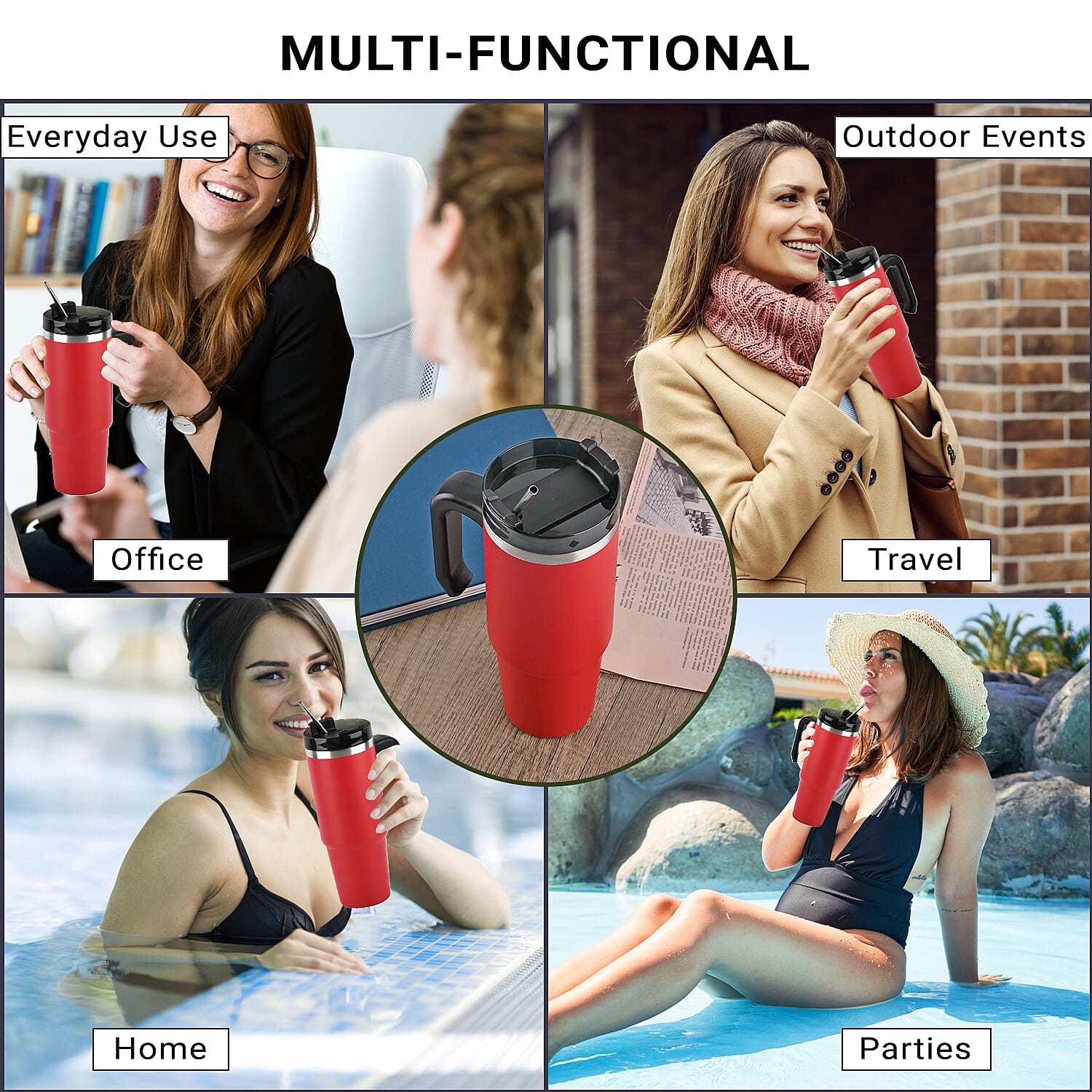 Hot or Cold Insulated Mug with Lid and Stainless Steel Straw - Red