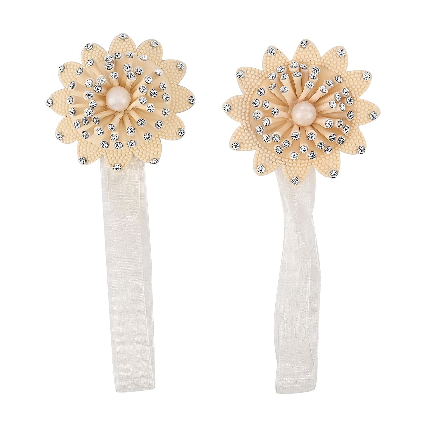 Pair of Flower (Dia- 7.5 cm) Magnetic Curtain Tiebacks (Size 36 cm) -  Cream