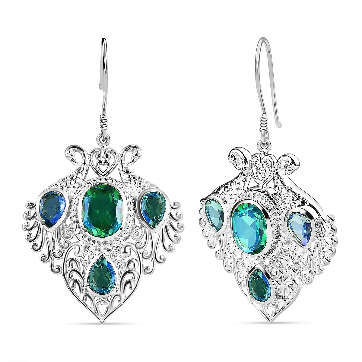 Peacock Triplet Quartz Solitaire Hook Earring in Sterling Silver 10.79 Ct.