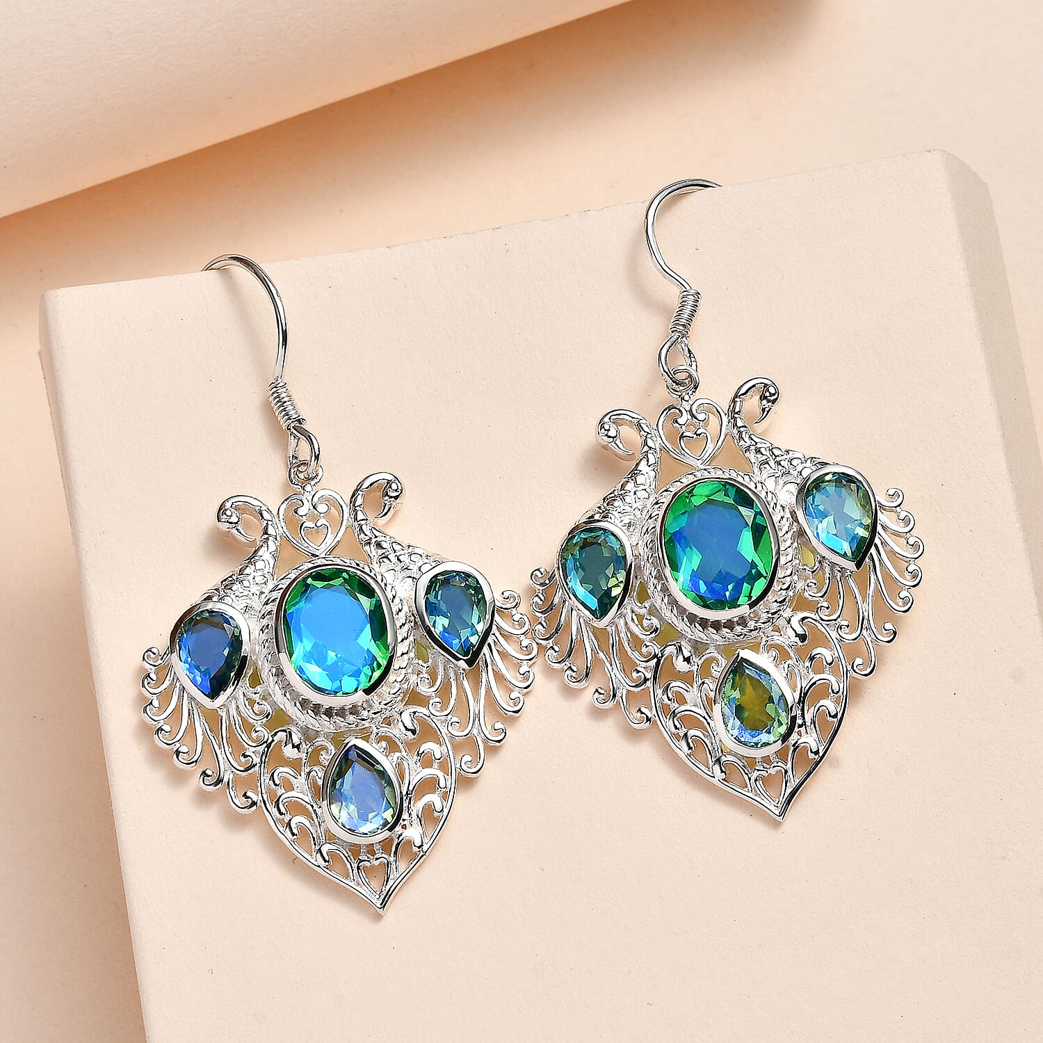 Peacock Triplet Quartz Solitaire Hook Earring in Sterling Silver 10.79 Ct.