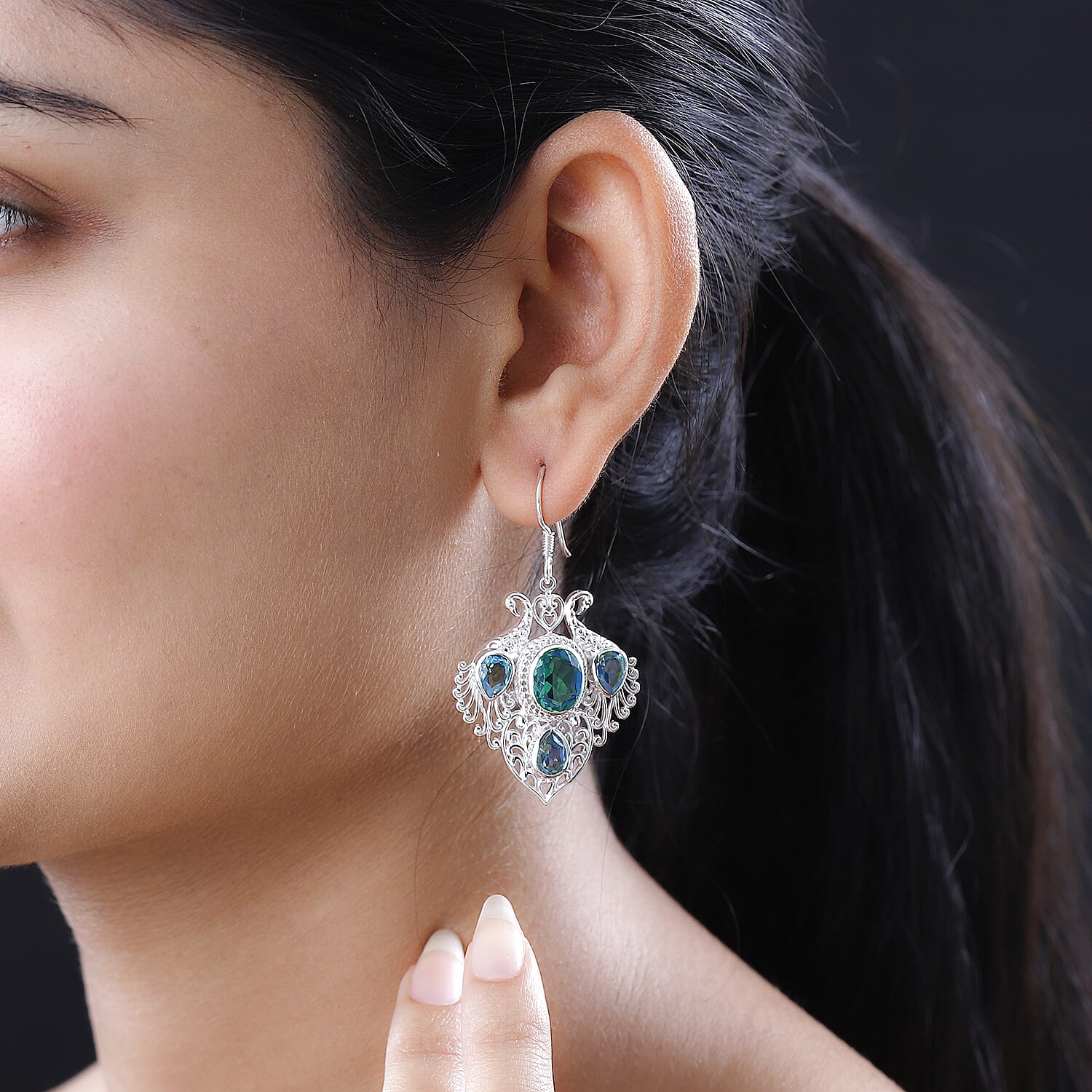 Peacock Triplet Quartz Solitaire Hook Earring in Sterling Silver 10.79 Ct.