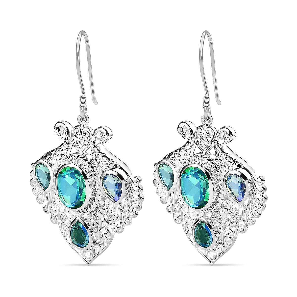 Peacock Triplet Quartz Solitaire Hook Earring in Sterling Silver 10.79 Ct.