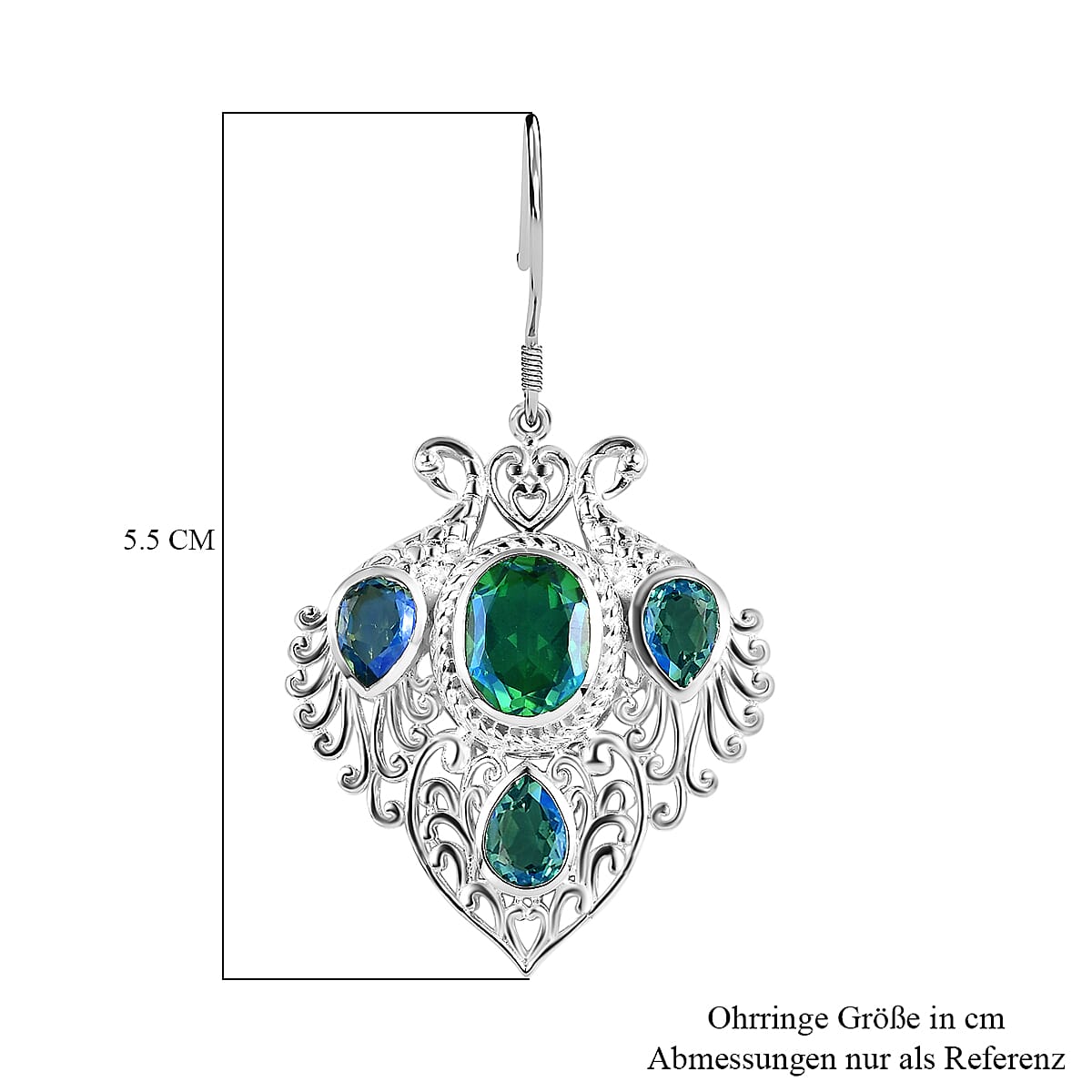 Peacock Triplet Quartz Solitaire Hook Earring in Sterling Silver 10.79 Ct.