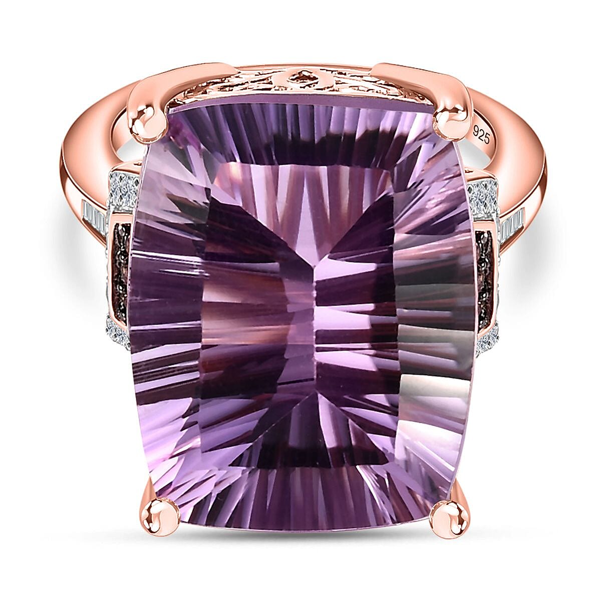 Ultimate Concave Rose De France Amethyst, Champagne Diamond and White Diamond Ring in 18K Rose Gold Vermeil Plated Sterling Silver 20.39 Ct, Silver Wt 6.00 GM