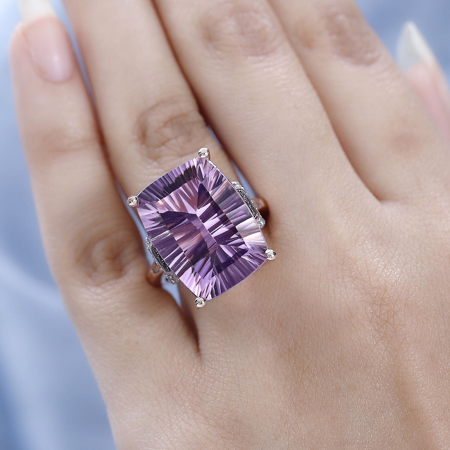 Ultimate Concave Rose De France Amethyst, Champagne Diamond and White Diamond Ring in 18K Rose Gold Vermeil Plated Sterling Silver 20.39 Ct, Silver Wt 6.00 GM