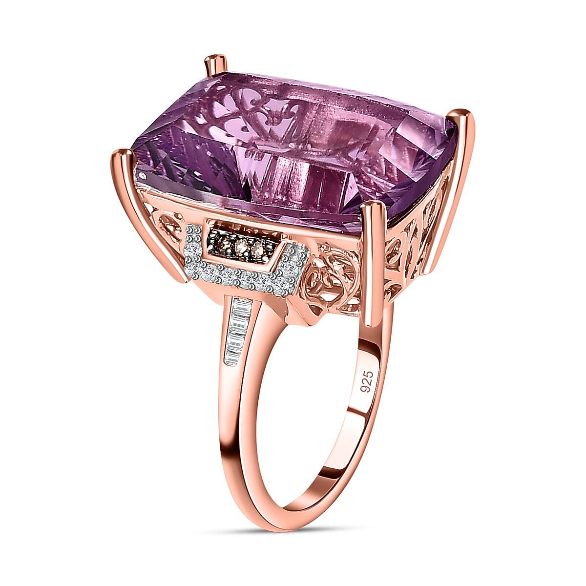 Ultimate Concave Rose De France Amethyst, Champagne Diamond and White Diamond Ring in 18K Rose Gold Vermeil Plated Sterling Silver 20.39 Ct, Silver Wt 6.00 GM
