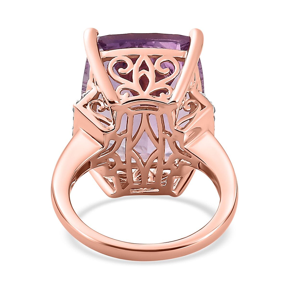 Ultimate Concave Rose De France Amethyst, Champagne Diamond and White Diamond Ring in 18K Rose Gold Vermeil Plated Sterling Silver 20.39 Ct, Silver Wt 6.00 GM