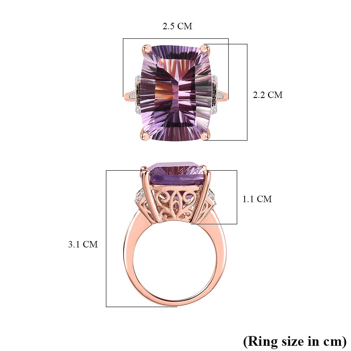 Ultimate Concave Rose De France Amethyst, Champagne Diamond and White Diamond Ring in 18K Rose Gold Vermeil Plated Sterling Silver 20.39 Ct, Silver Wt 6.00 GM