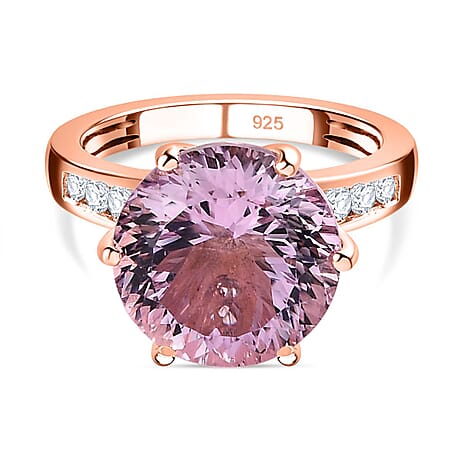 Millenium Cut Rose De France Amethyst & Natural Zircon Ring in 18K Vermeil Rose Gold Plated Sterling Silver 9.40 Ct.