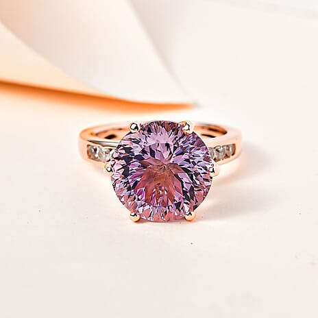 Millenium Cut Rose De France Amethyst & Natural Zircon Ring in 18K Vermeil Rose Gold Plated Sterling Silver 9.40 Ct.