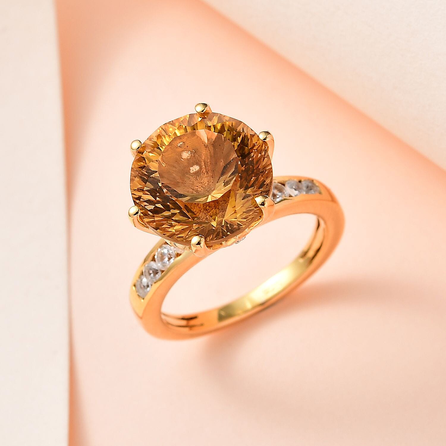 Millenium Cut Citrine & Natural Zircon Ring in 18K Vermeil Yellow Gold Plated Sterling Silver 10.00 Ct.