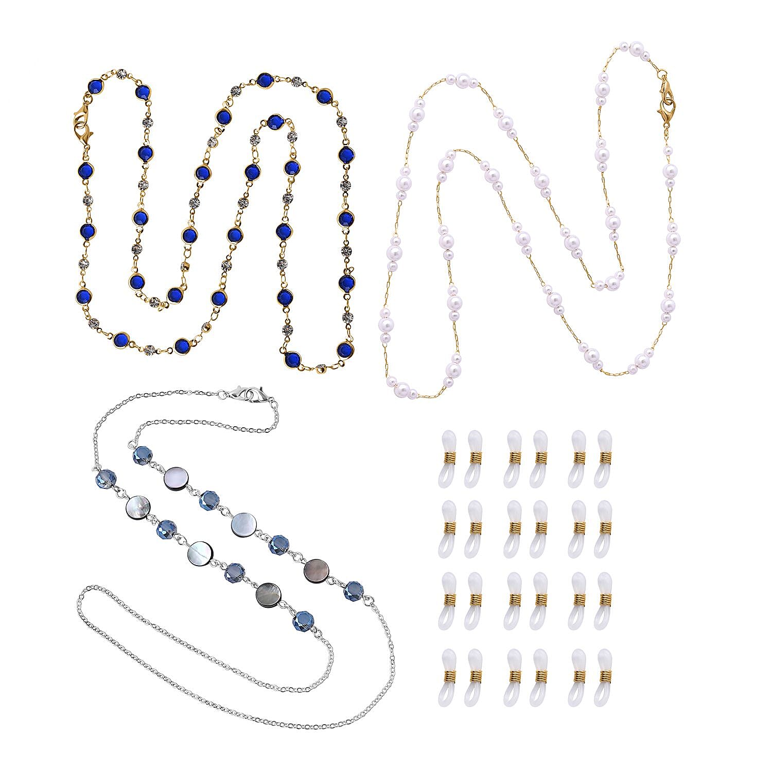 Set of 3 -  Glasses Chain Each with 20 Pcs Rubber (Length-70cm) - Blue-White-Grey