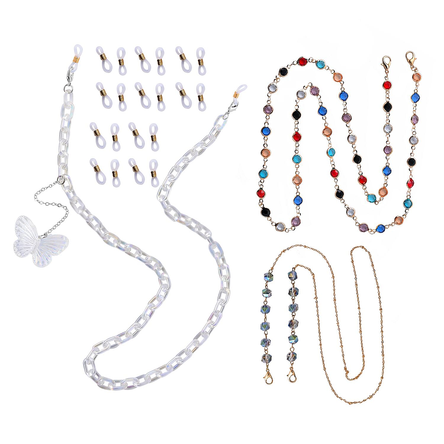 Set of 3 - Glasses Chain in Different Styles Each with 20 Pcs Rubber (Length-70cm) - Green, White & Multi