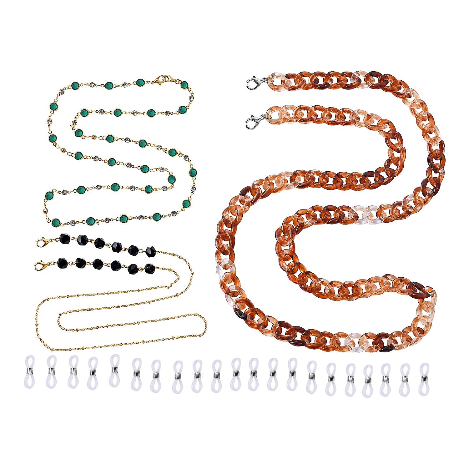 Set of 3 - Glasses Chain in Different Styles Each with 20 Pcs Rubber (Length-70cm) - Brown,Black & Green