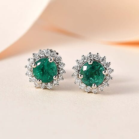 900 Platinum AAA Gemfields Emerald Diamond Earrings 1.00 Ct.
