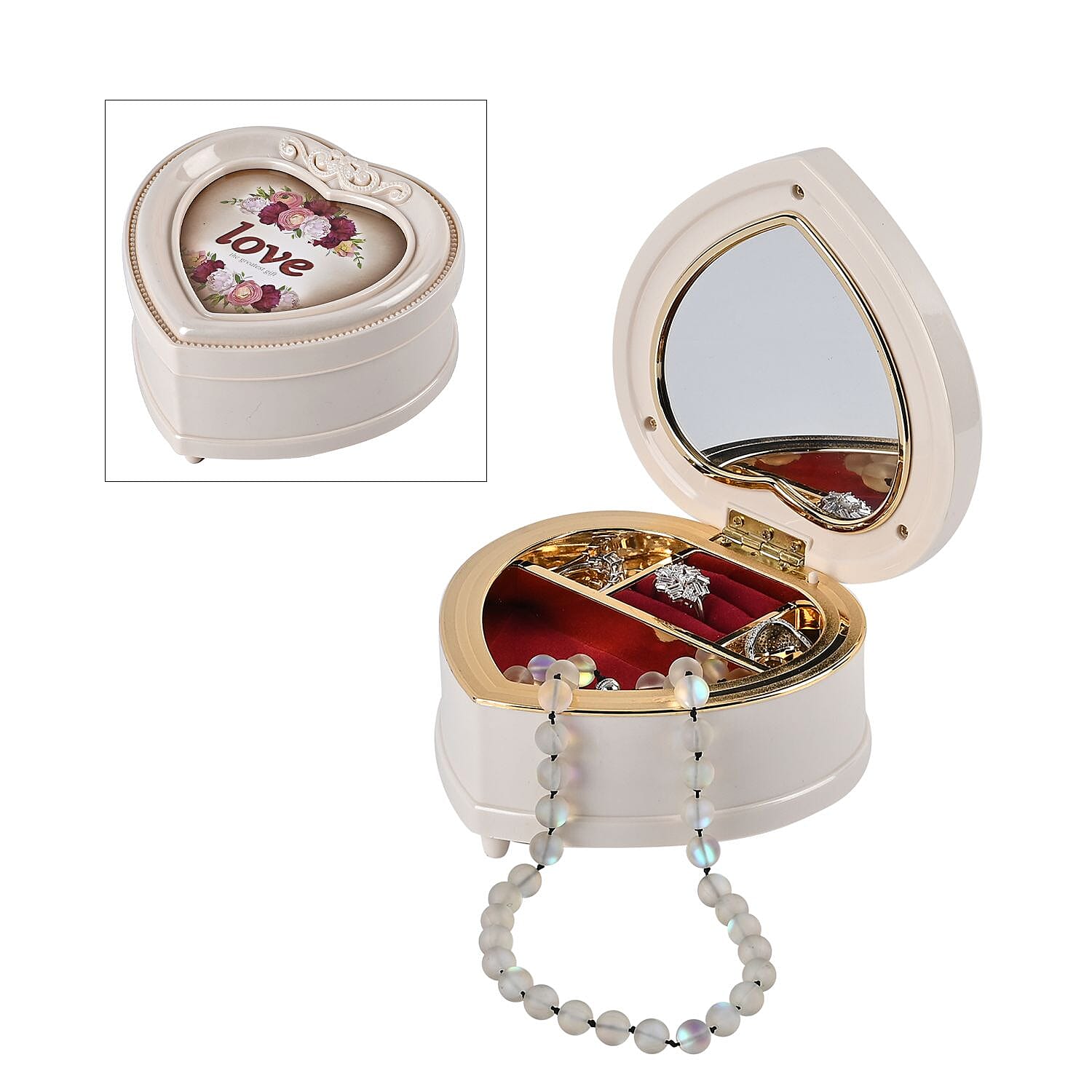 Heart Musical Jewellery Box (Size 13x13x8 cm) - White