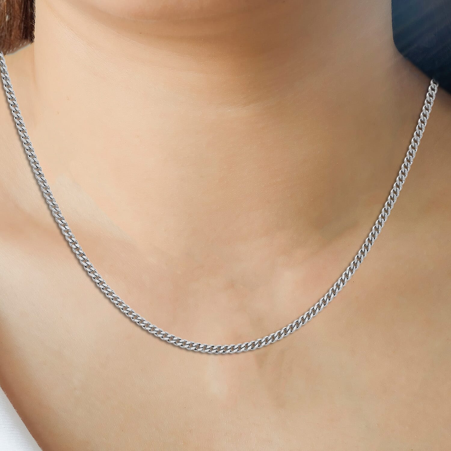 18K White Gold Diamond Cut Curb Chain With Spring Ring Clasp (Adjustable Size - 16-18)