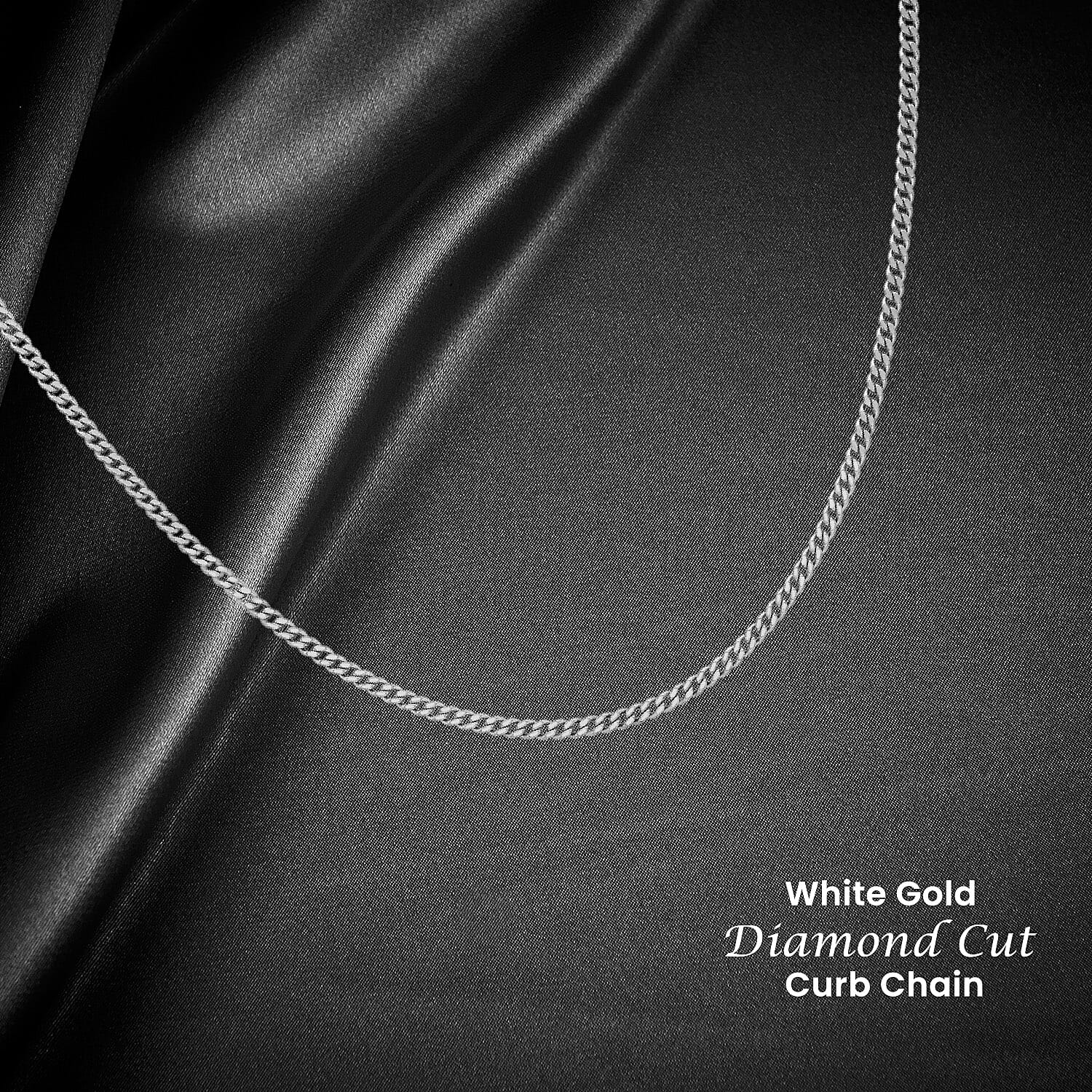 18K White Gold Diamond Cut Curb Chain With Spring Ring Clasp (Adjustable Size - 16-18)