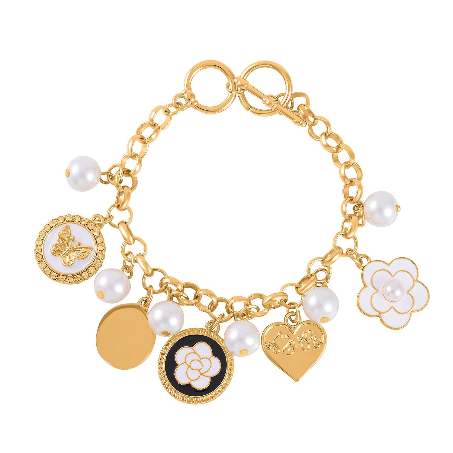 White Shell Pearl and White Austrian Crystal Enamelled Charms Bracelet (Size - 7.5) in Yellow Gold Tone