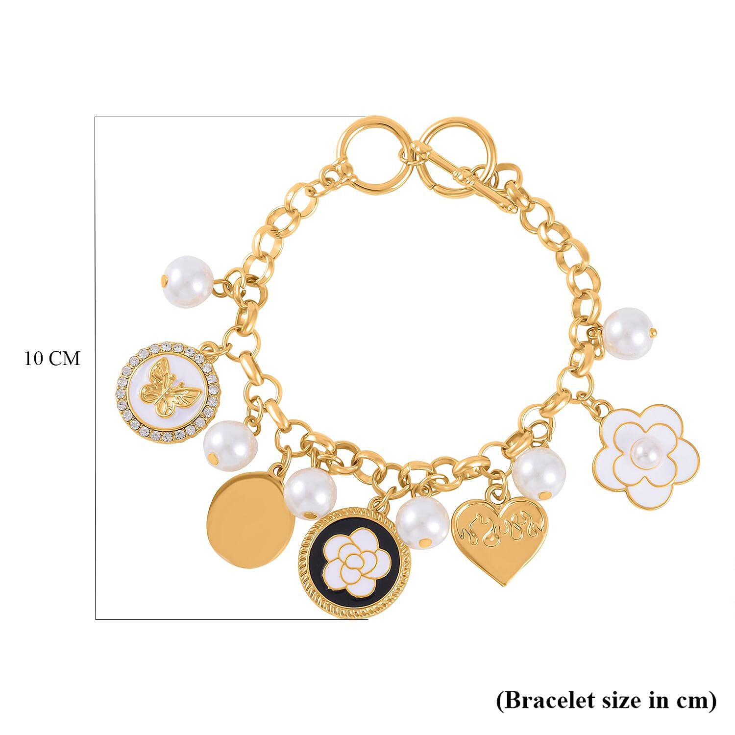 White Shell Pearl and White Austrian Crystal Enamelled Charms Bracelet (Size - 7.5) in Yellow Gold Tone