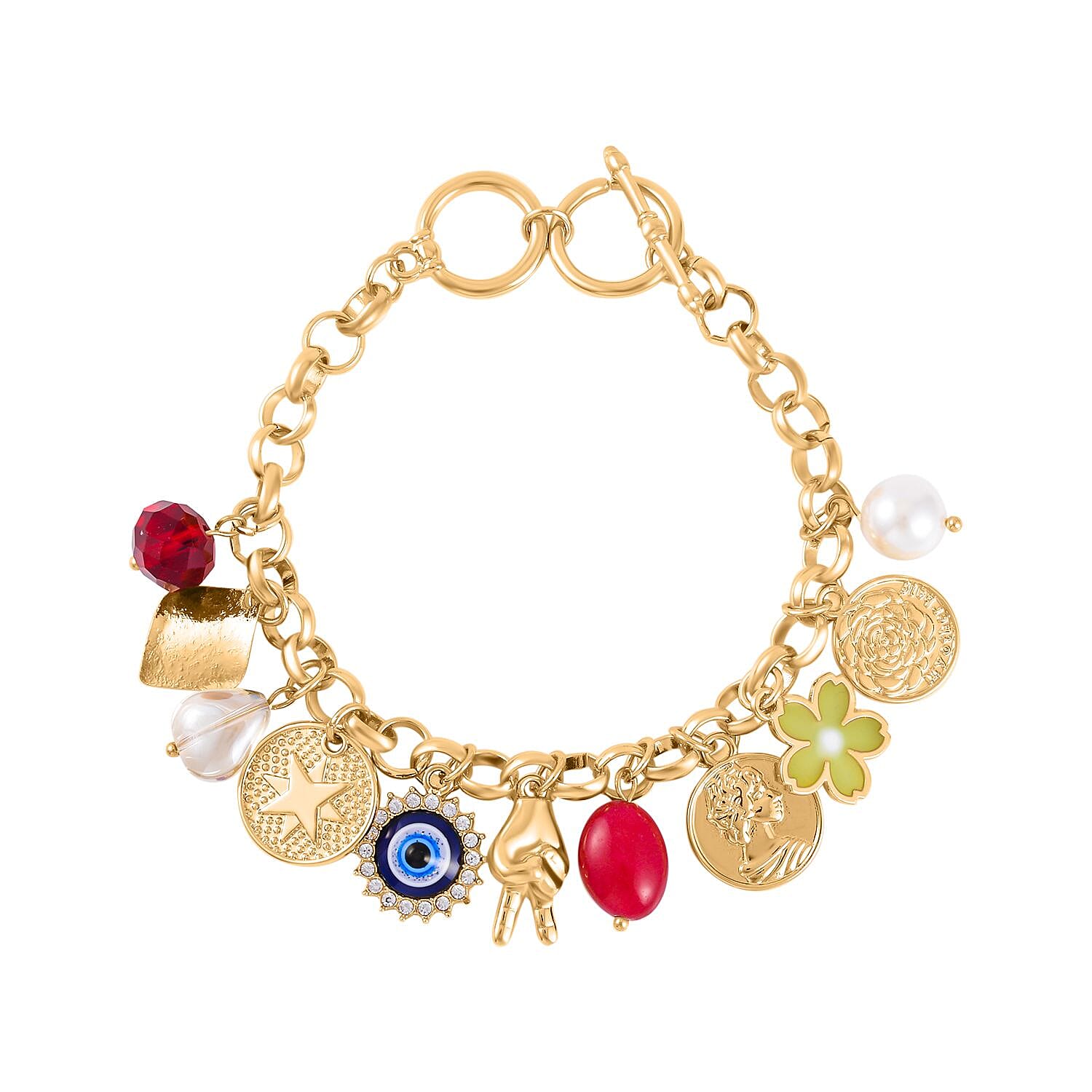 Red Quartzite, White and Red Austrian Crystal Enamelled Charms Bracelet (Size - 7.5) 1.53 Ct.