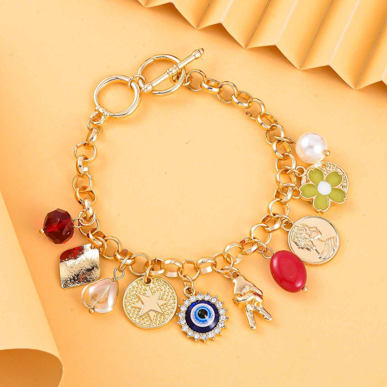 Red Quartzite, White and Red Austrian Crystal Enamelled Charms Bracelet (Size - 7.5) 1.53 Ct.