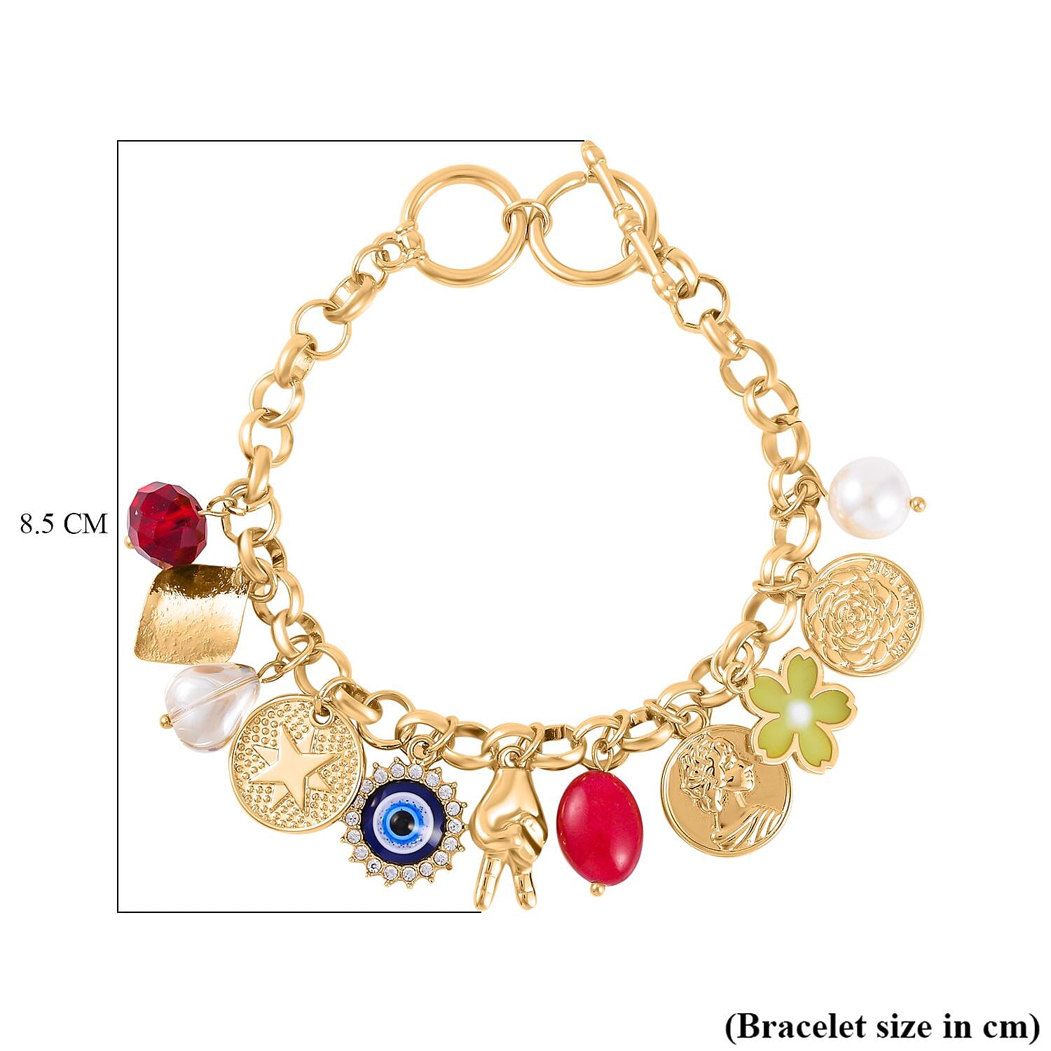 Red Quartzite, White and Red Austrian Crystal Enamelled Charms Bracelet (Size - 7.5) 1.53 Ct.