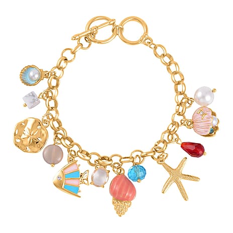 White Howlite, White Shell Pearl & Multi Colour Austrian Crystal Enamelled Charms Bracelet (Size - 7.50-1 Ext) with T Bar Clasp in Yellow Gold Tone 0.32 Ct.