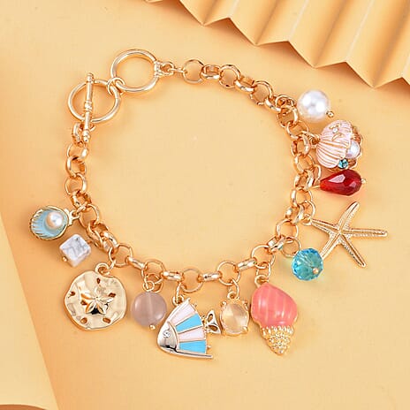 White Howlite, White Shell Pearl & Multi Colour Austrian Crystal Enamelled Charms Bracelet (Size - 7.50-1 Ext) with T Bar Clasp in Yellow Gold Tone 0.32 Ct.
