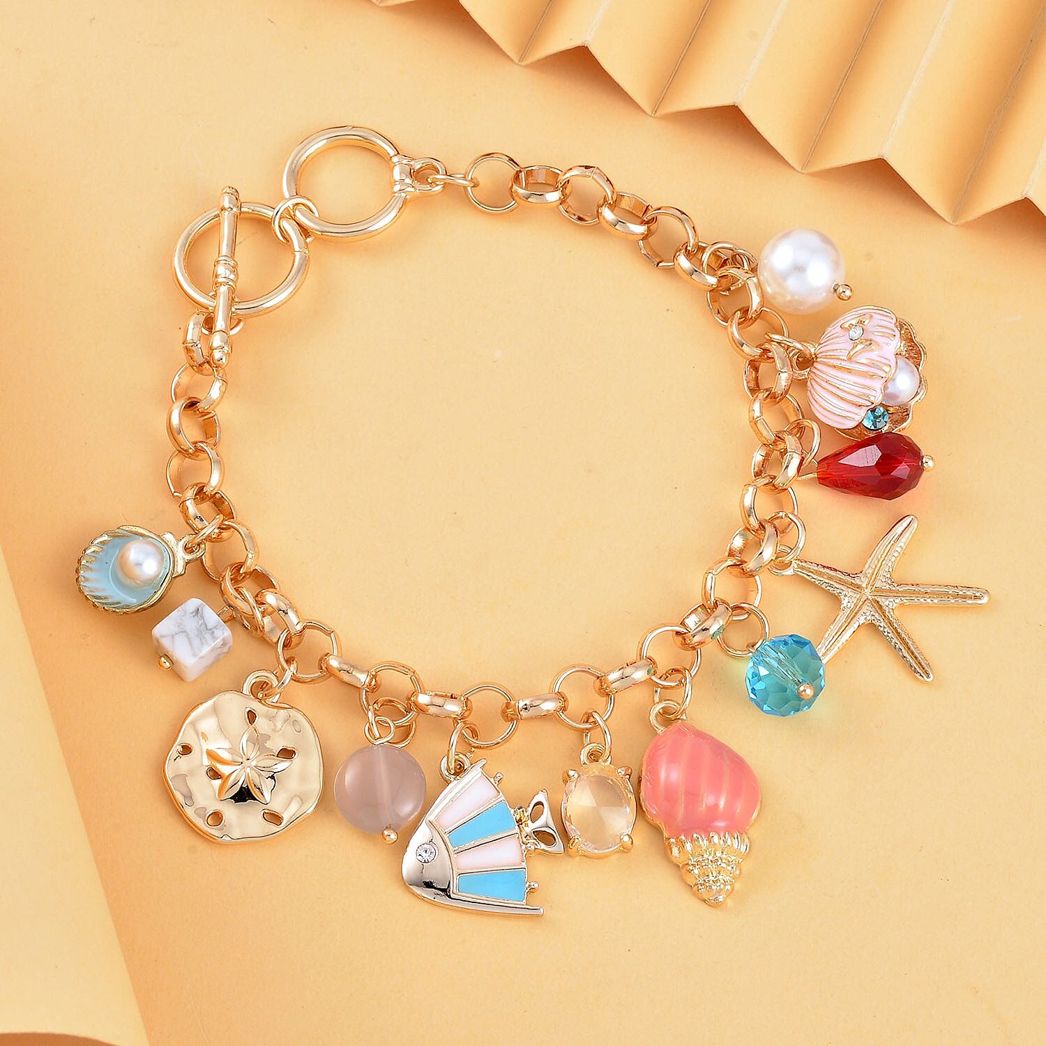 White Howlite, White Shell Pearl & Multi Colour Austrian Crystal Enamelled Charms Bracelet (Size - 7.50-1 Ext) with T Bar Clasp White Howlite, White Shell Pearl & Multi Colour Austrian Crystal Enamelled Charms Bracelet (Size - 7.50-1 Ext) with T Bar Clasp