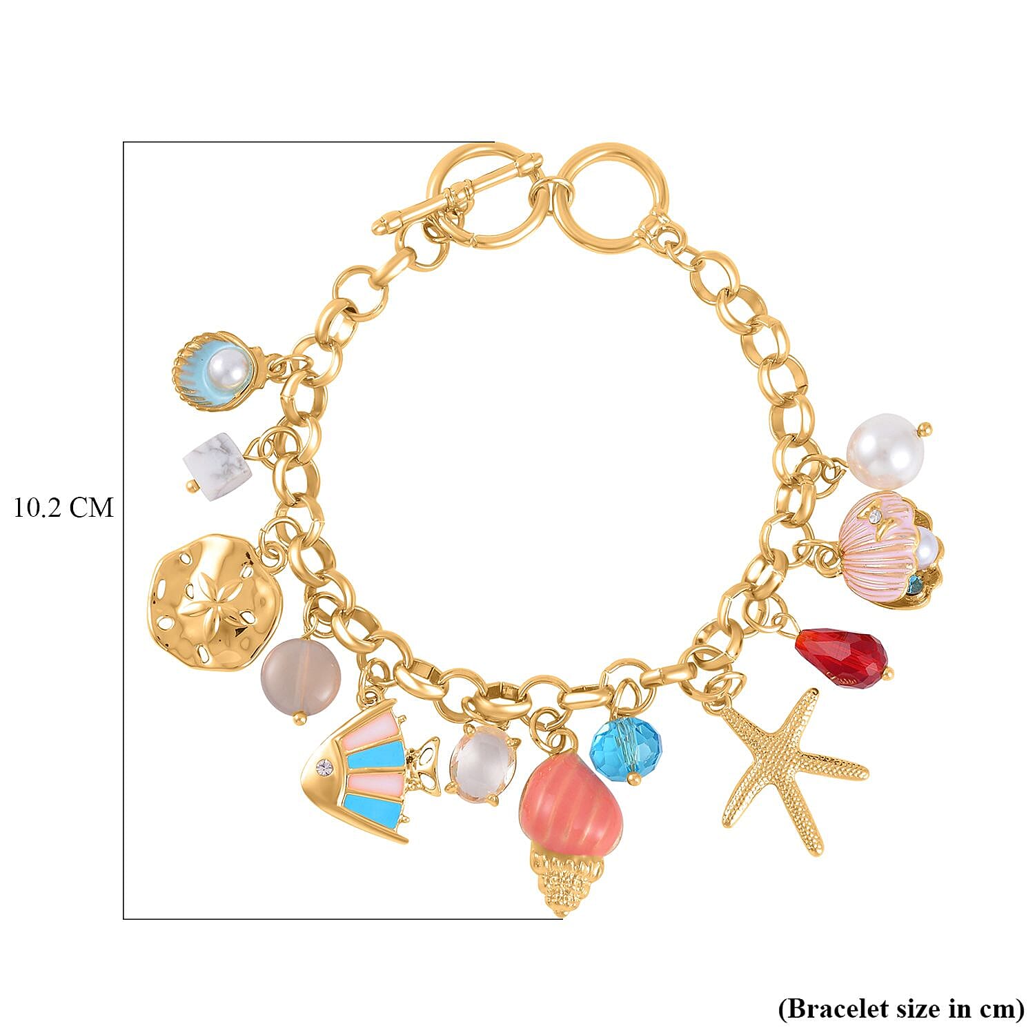 White Howlite, White Shell Pearl & Multi Colour Austrian Crystal Enamelled Charms Bracelet (Size - 7.50-1 Ext) with T Bar Clasp White Howlite, White Shell Pearl & Multi Colour Austrian Crystal Enamelled Charms Bracelet (Size - 7.50-1 Ext) with T Bar Clasp