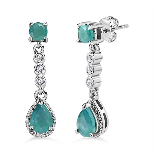 Grandidierite and Natural Zircon Dangle Earrings in Platinum Overlay