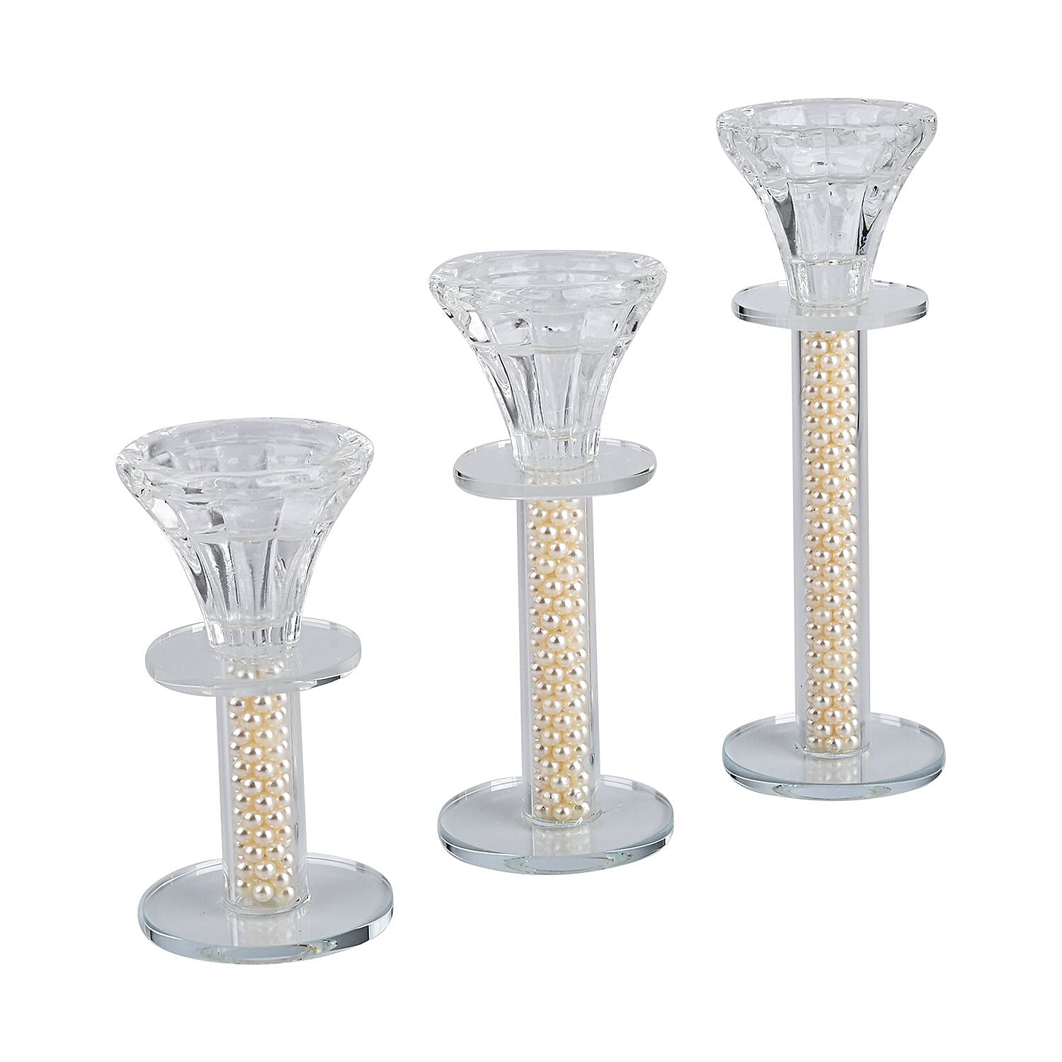 Set of 3 Glass Candle Holders - White Crystal