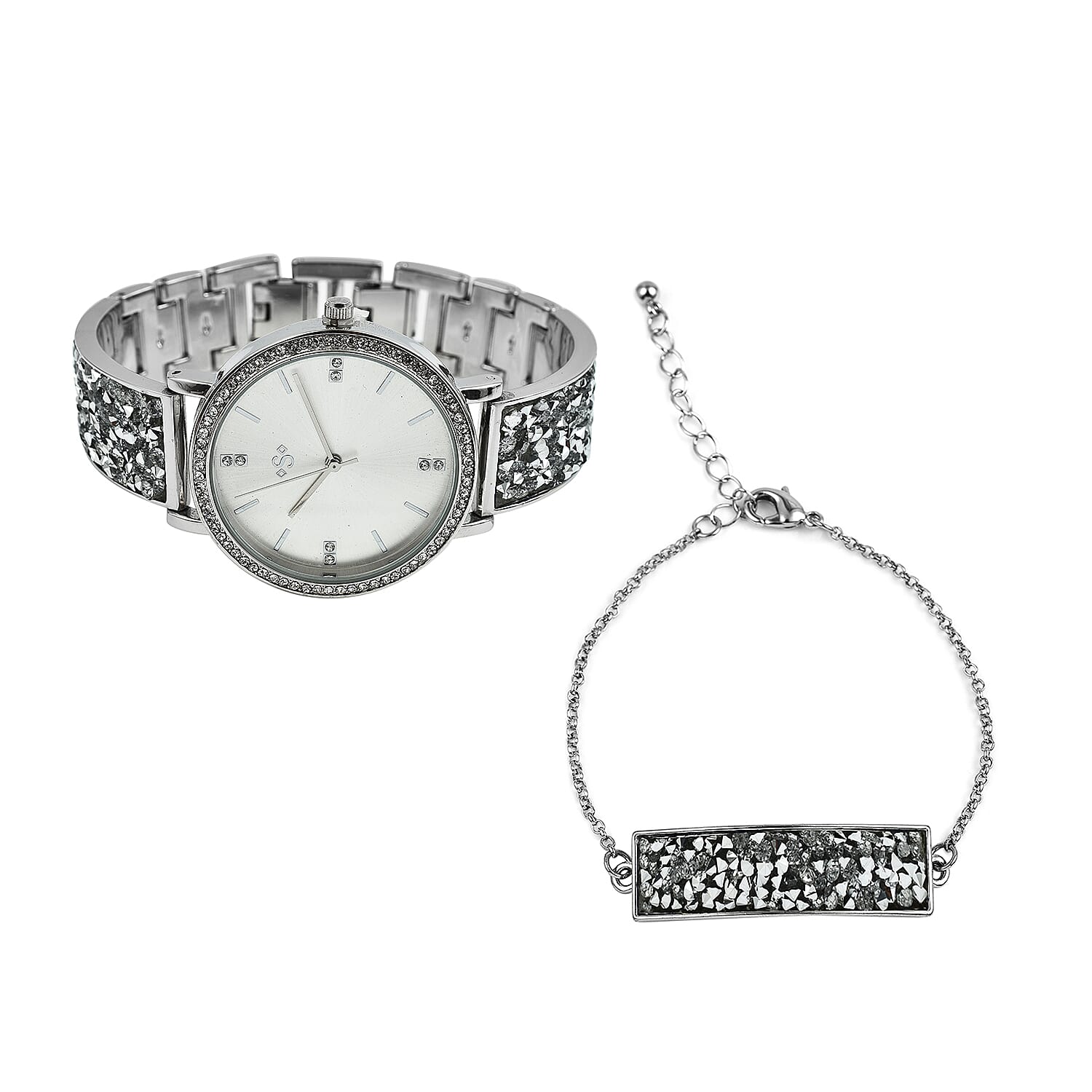 SPIRIT Ladies Rock Crystal Bangle Watch with Silver Sunray Dial