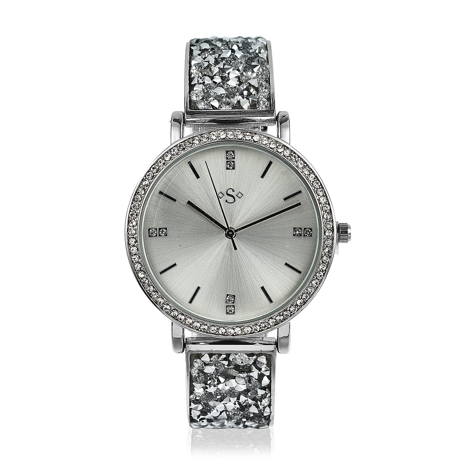 SPIRIT Ladies Rock Crystal Bangle Watch with Silver Sunray Dial