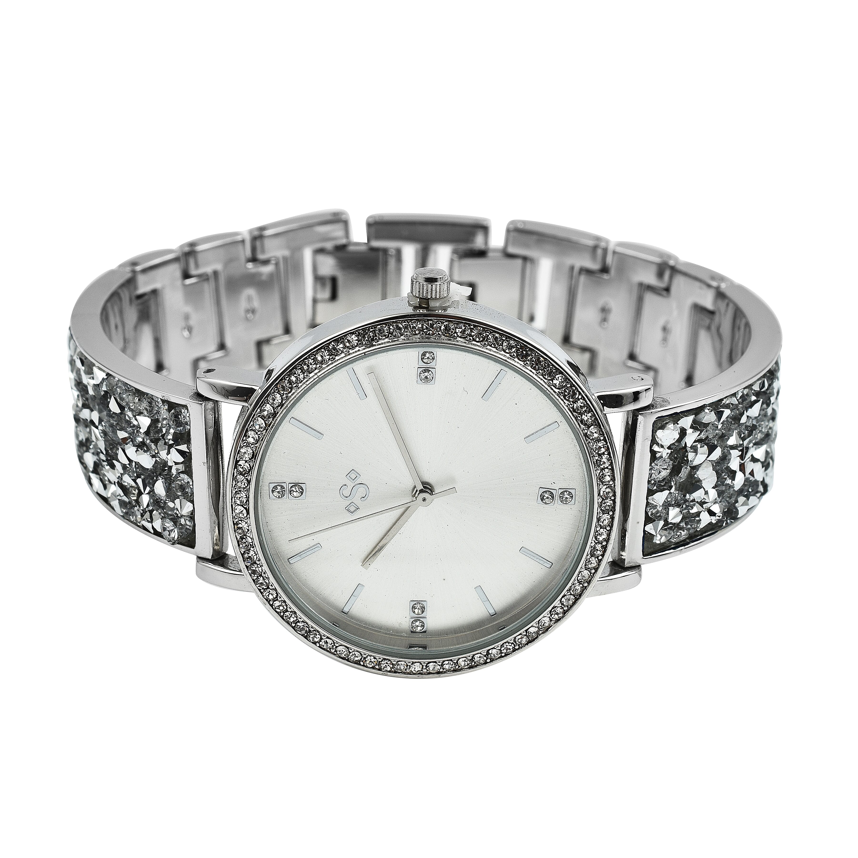 SPIRIT Ladies Rock Crystal Bangle Watch with Silver Sunray Dial