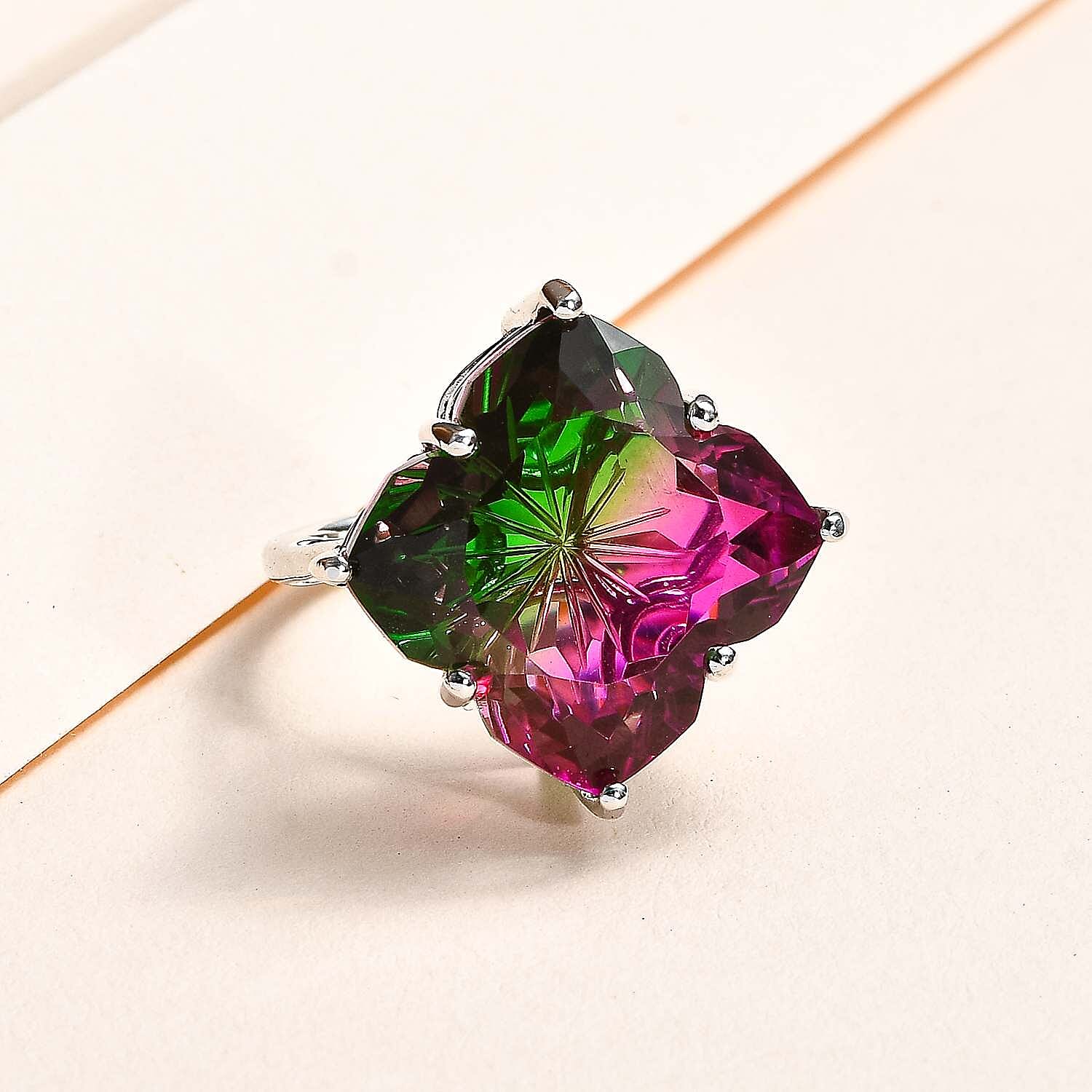 Watermelon Colour Tourmaline Quartz Clover Ring in Platinum Overlay Sterling Silver 17.90 Ct