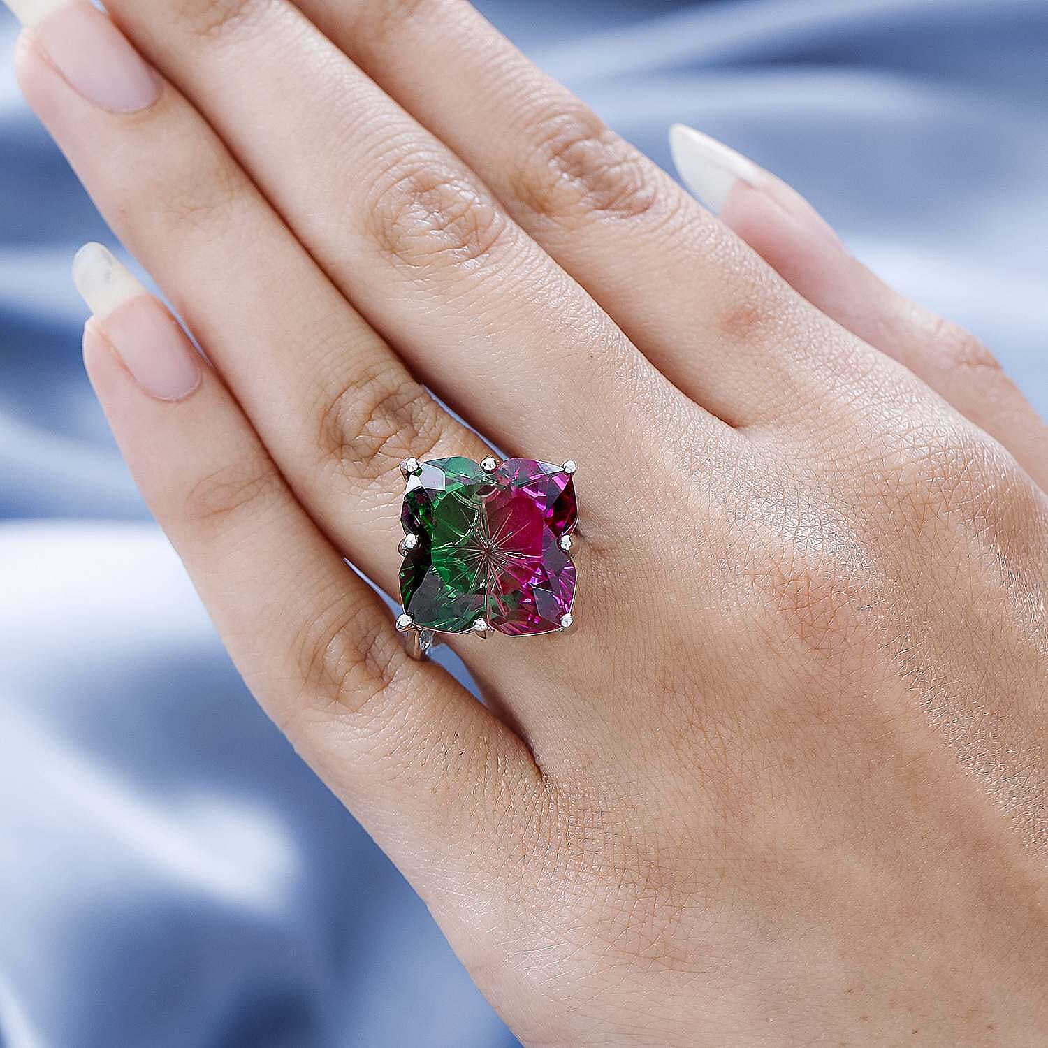 Watermelon Colour Tourmaline Quartz Clover Ring in Platinum Overlay Sterling Silver 17.90 Ct