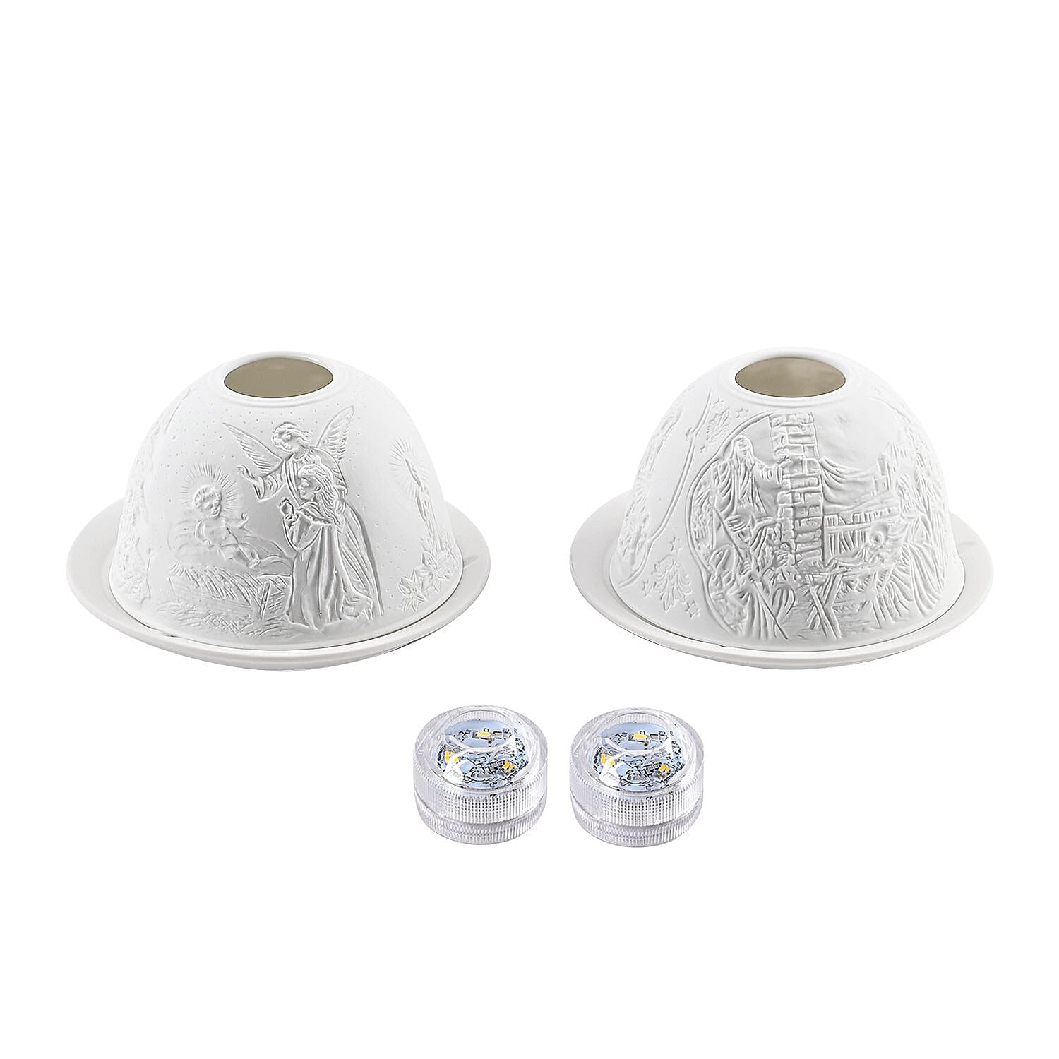 Set of 2 Madonna and Angel Printed Porcelain LED Tealight Candle Holder - White